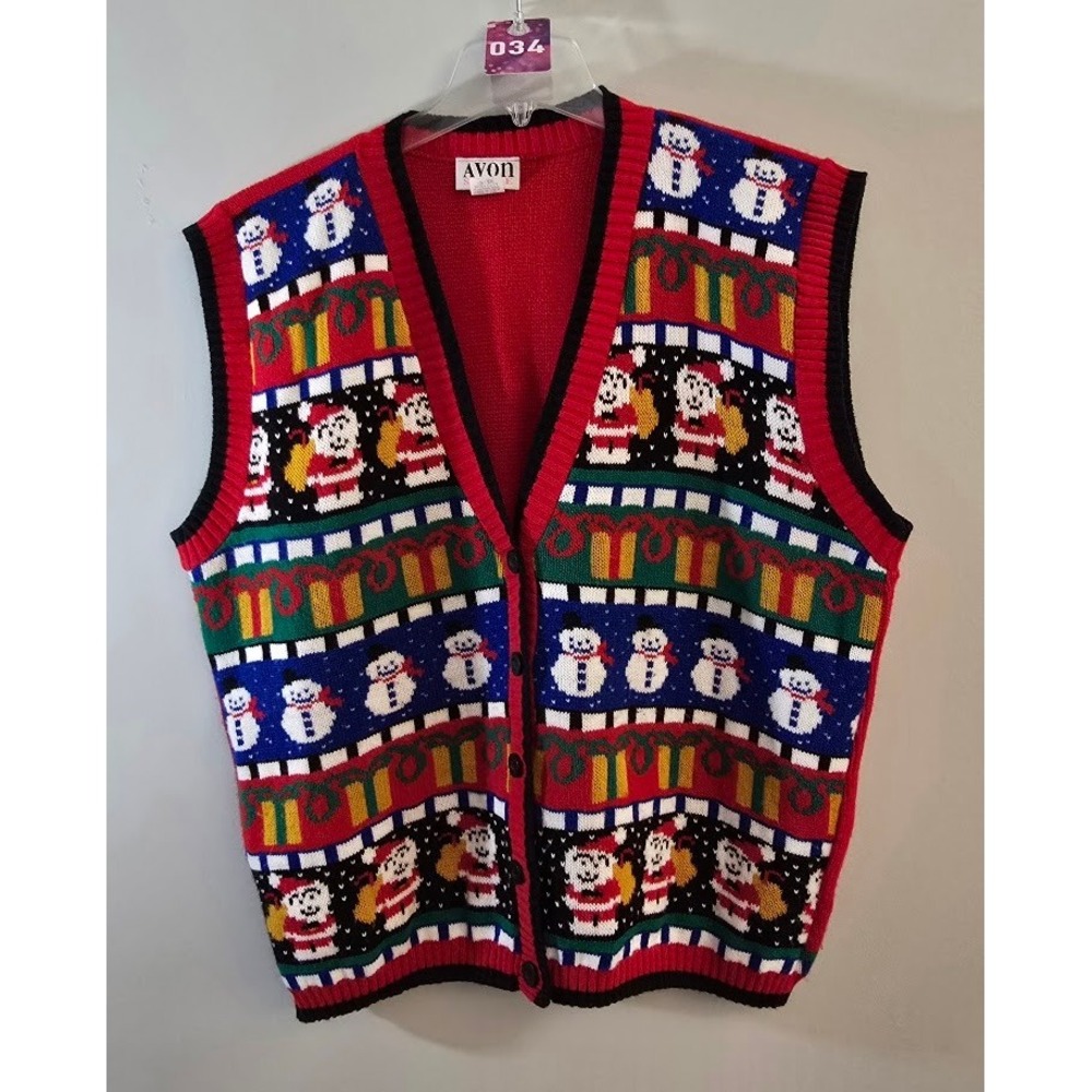 Avon Womens Sweater Vest Red Snowman Santa Christmas Ugly Holiday Plus Sz 1X-2X